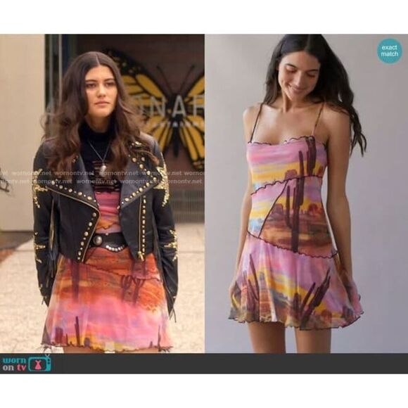 Urban Outfitters Moxie Mesh Mini Slip Dress sunset cactus print - Picture 2 of 6